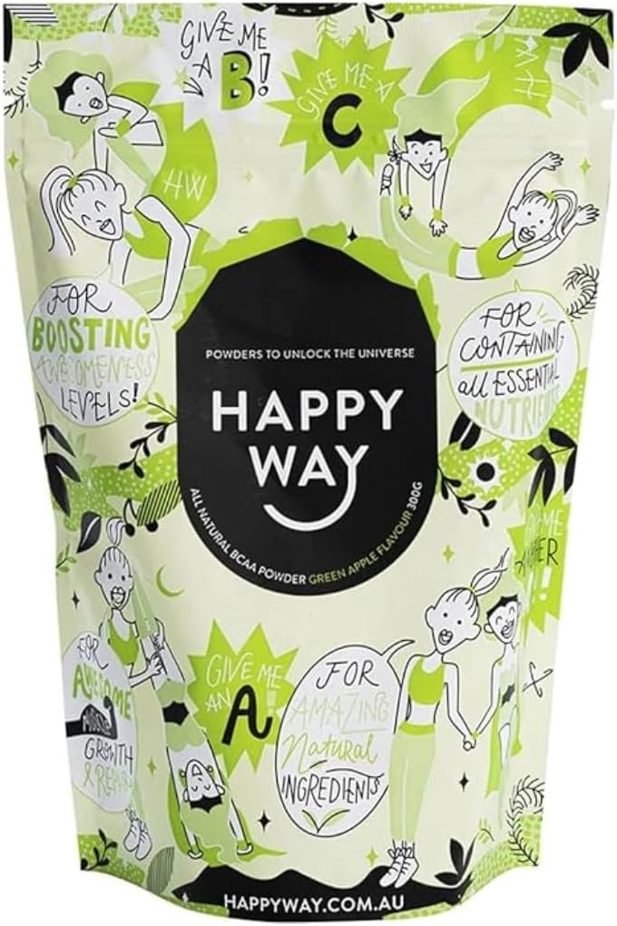 HAPPY WAY Green Apple BCAA Powder - 300g | Crisp Refreshing Green Apple Flavour | All-in-One Energy Pre-workout, Post-workout Drink | Enhances Workout Recovery, Boosts Energy &...