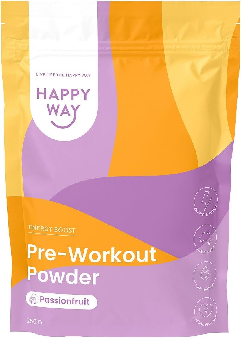 HAPPY WAY Passionfruit Pre-workout - 250g | Intensely Resfreshing Passionfruit Flavour | Boosts Energy & Enhances Focus | Ideal for Pre-Exercise Drinks, Smoothies & Energizing...