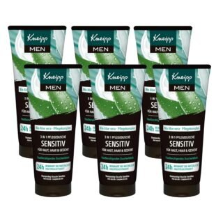 Kneipp MEN 3-in-1 Sensitive Shower Gel - For Skin, Hair and Face - Organic Aloe Vera - For Skin, Hair & Face - Multipack 6 x 200 ml