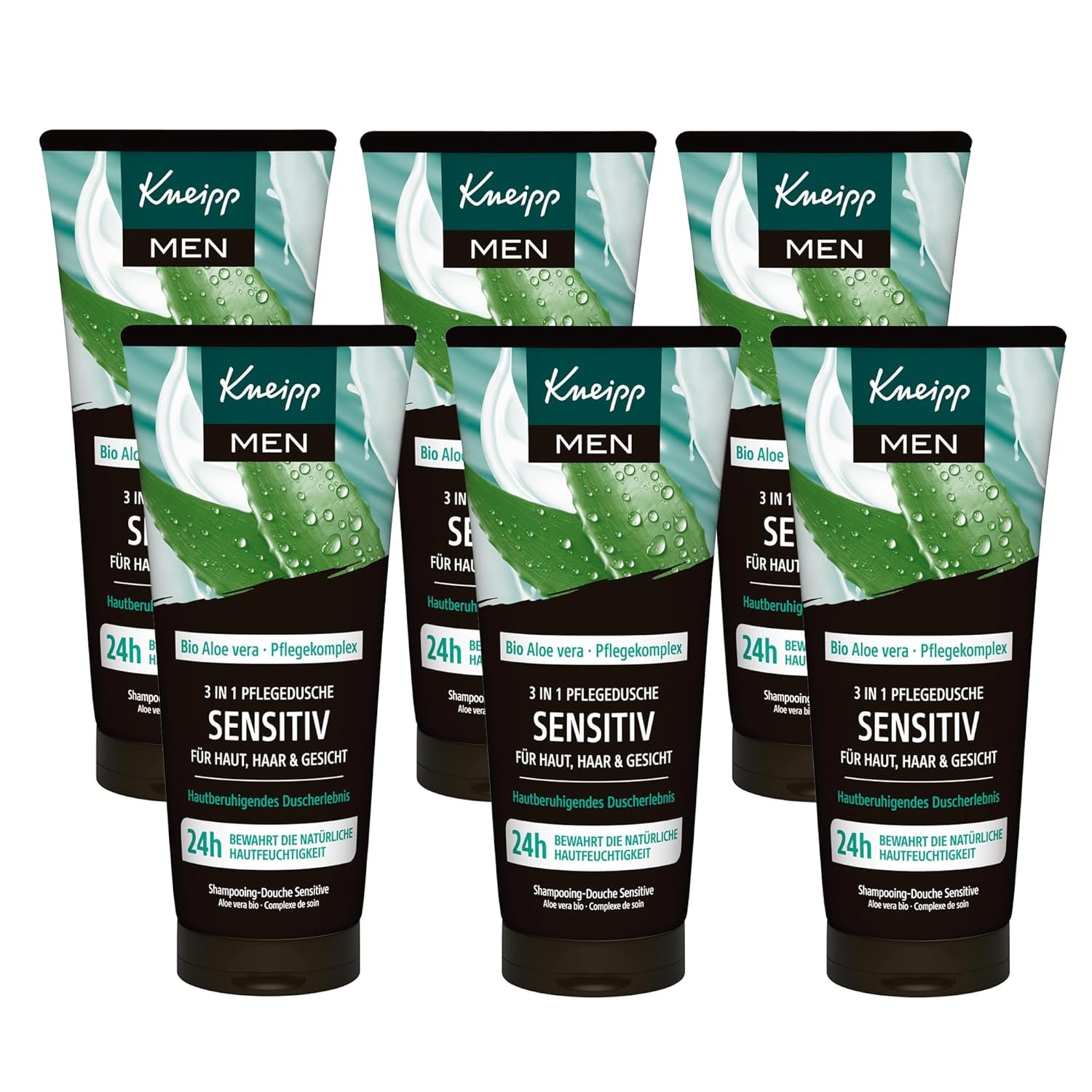 Kneipp MEN 3-in-1 Sensitive Shower Gel - For Skin, Hair and Face - Organic Aloe Vera - For Skin, Hair & Face - Multipack 6 x 200 ml