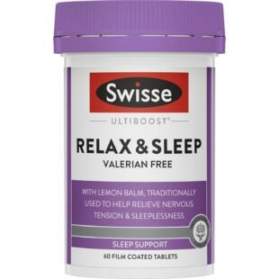 Swisse Ultiboost Relax & Sleep with Magnesium & Lemon Balm - Helps Calm Nerves & Relieve Sleeplessness - 60 Tablets